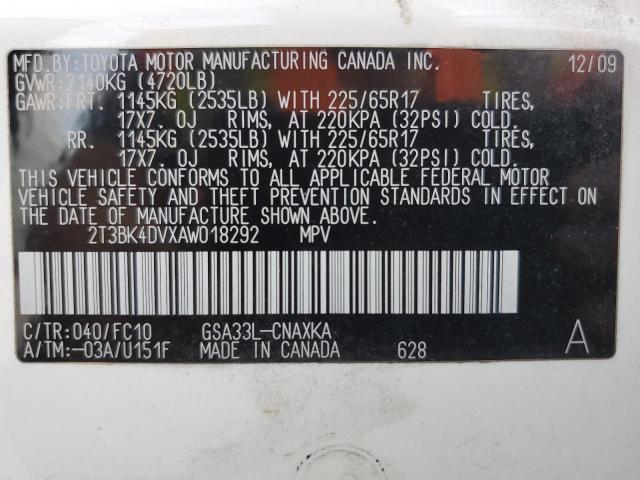 Photo 14 from auction – 2010 TOYOTA RAV4 with VIN 2T3BK4DVXAW018292