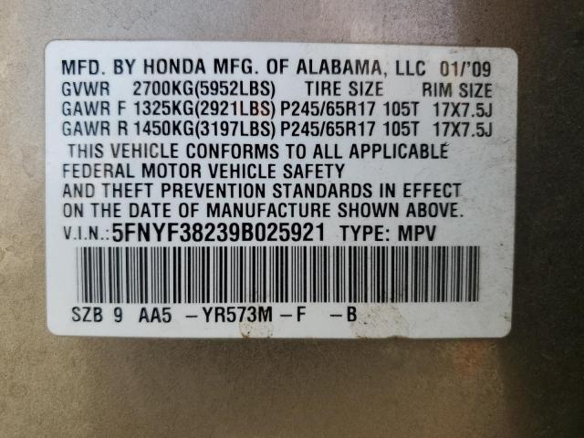 Photo 14 from auction – 2009 HONDA PILOT LX with VIN 5FNYF38239B025921