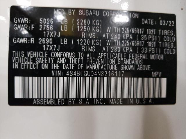 Photo 14 from auction – 2022 SUBARU OUTBACK WI with VIN 4S4BTGUD4N3216117