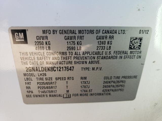 Photo 14 from auction – 2012 CHEVROLET EQUINOX LT with VIN 2GNALDEK8C1217647