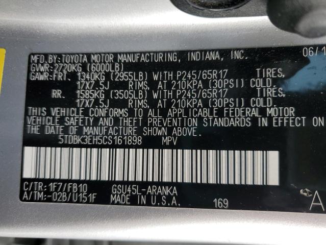 Photo 14 from auction – 2012 TOYOTA HIGHLANDER with VIN 5TDBK3EH5CS161898