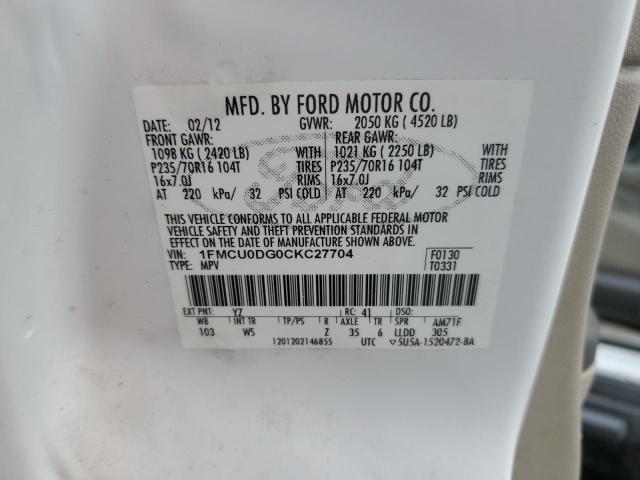 Photo 14 from auction – 2012 FORD ESCAPE XLT with VIN 1FMCU0DG0CKC27704