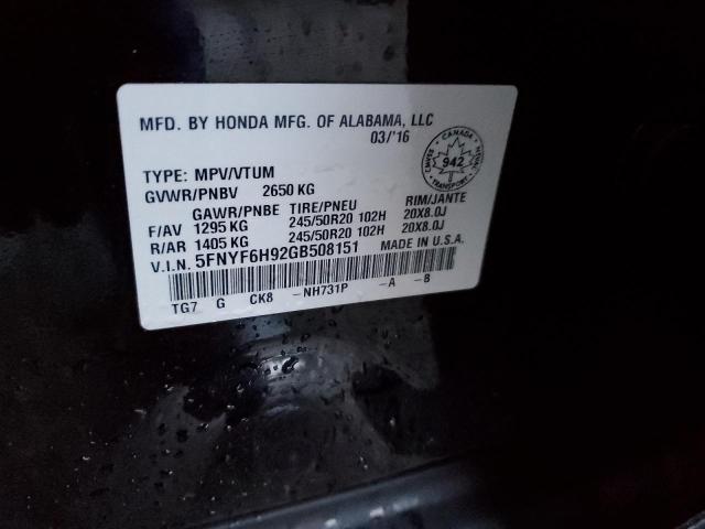 Photo 14 from auction – 2016 HONDA PILOT TOUR with VIN 5FNYF6H92GB508151