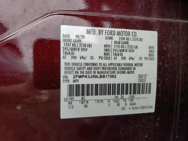 Photo 14 from auction – 2020 FORD EDGE SEL with VIN 2FMPK3J99LBB17582