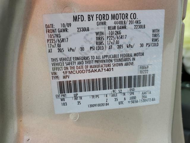 Photo 14 from auction – 2010 FORD ESCAPE XLT with VIN 1FMCU0D75AKA71401