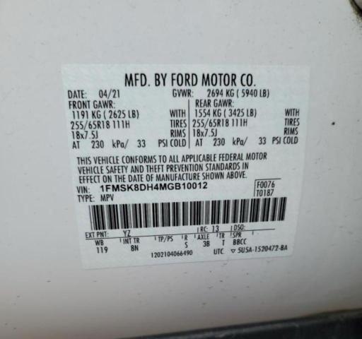 Photo 10 from auction – 2021 FORD EXPLORER X with VIN 1FMSK8DH4MGB10012