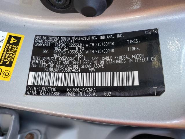 Photo 14 from auction – 2018 TOYOTA HIGHLANDER with VIN 5TDBZRFH9JS874894