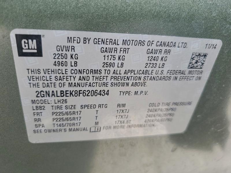 Photo 14 from auction – 2015 CHEVROLET EQUINOX LT with VIN 2GNALBEK8F6206434