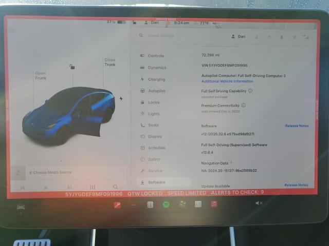 Photo 9 from auction – 2021 TESLA MODEL Y with VIN 5YJYGDEF8MF091996
