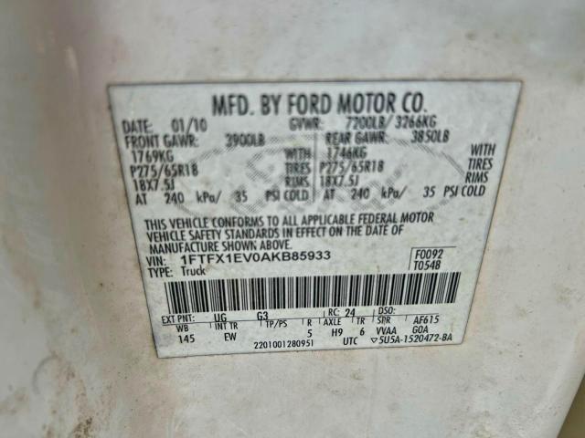 Photo 10 from auction – 2010 FORD F150 SUPER with VIN 1FTFX1EV0AKB85933