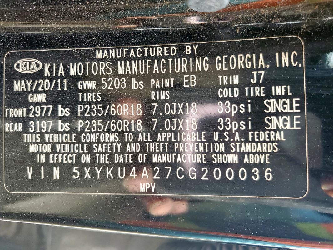 Photo 14 from auction – 2012 KIA SORENTO EX with VIN 5XYKU4A27CG200036