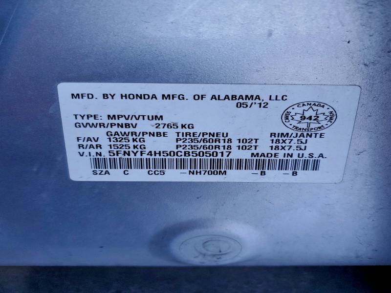 Photo 14 from auction – 2012 HONDA PILOT EXL with VIN 5FNYF4H50CB505017