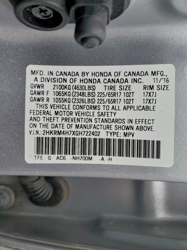 Photo 14 from auction – 2016 HONDA CR-V EXL with VIN 2HKRM4H7XGH722402