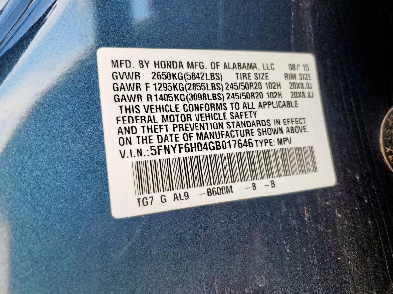 Photo 14 from auction – 2016 HONDA PILOT ELIT with VIN 5FNYF6H04GB017646