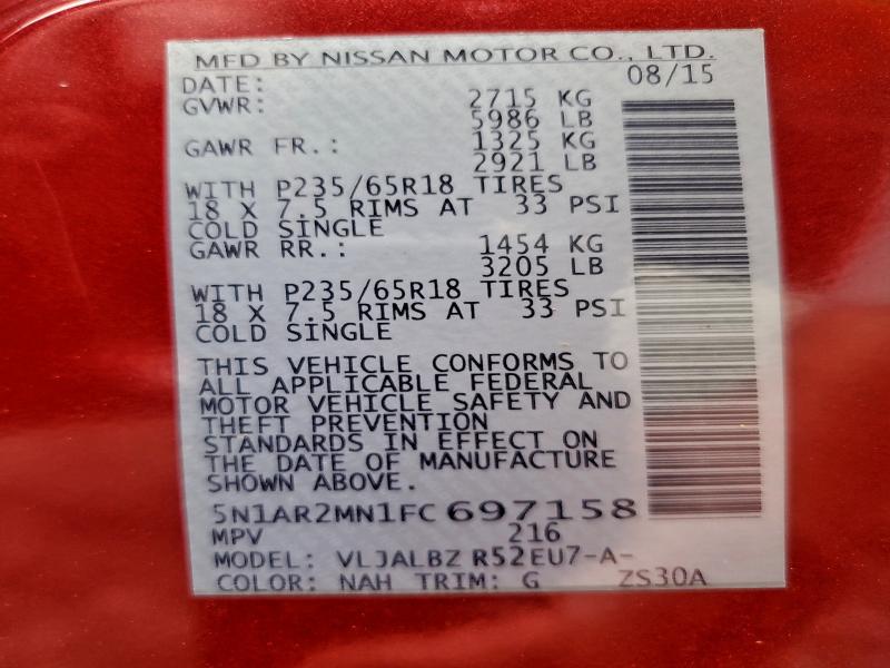 Фото 14 с аукциона – 2015 NISSAN PATHFINDER с VIN 5N1AR2MN1FC697158