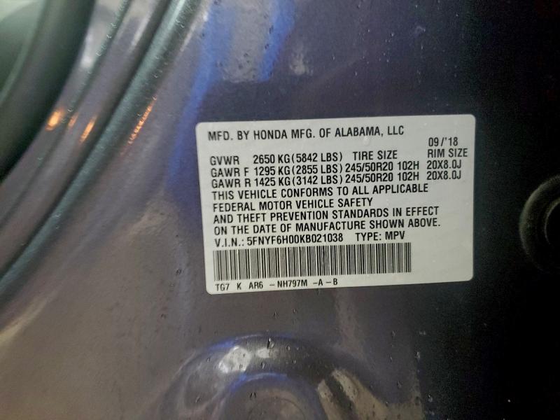 Photo 14 from auction – 2019 HONDA PILOT ELIT with VIN 5FNYF6H00KB021038