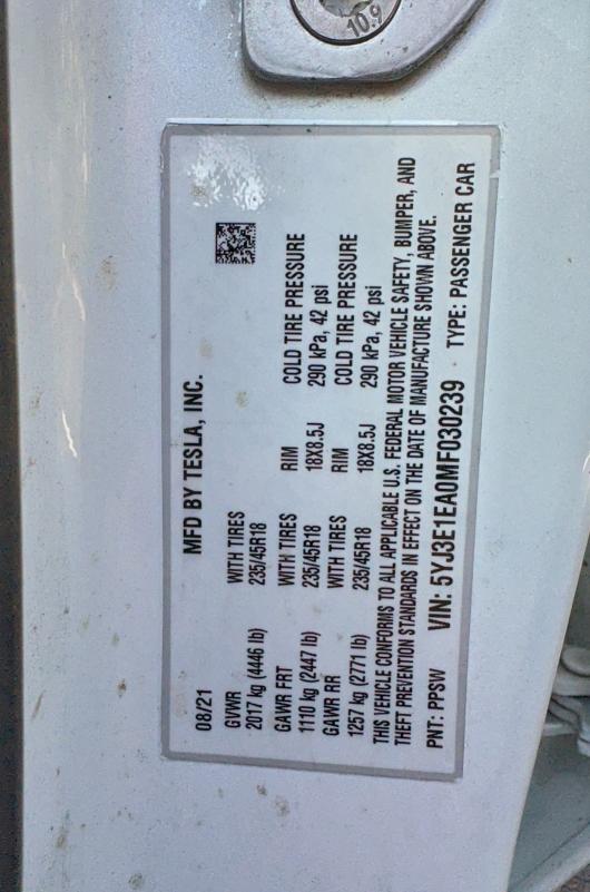 Photo 10 from auction – 2021 TESLA MODEL 3 with VIN 5YJ3E1EA0MF030239