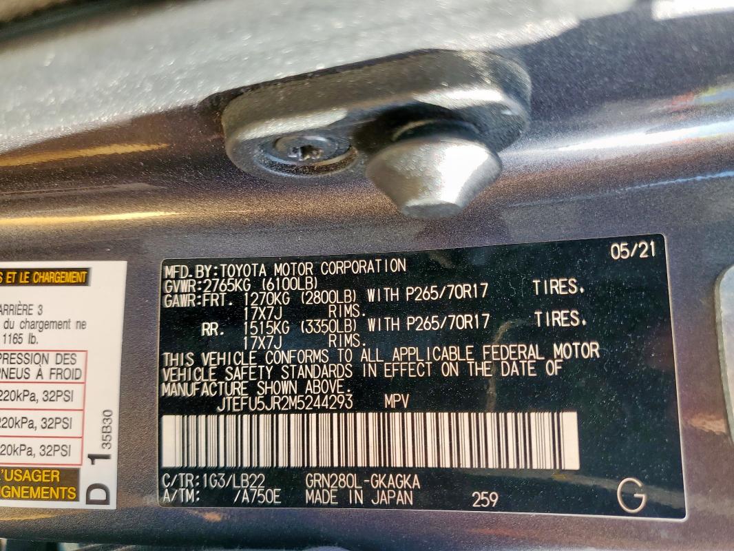 Photo 14 from auction – 2021 TOYOTA 4RUNNER SR with VIN JTEFU5JR2M5244293
