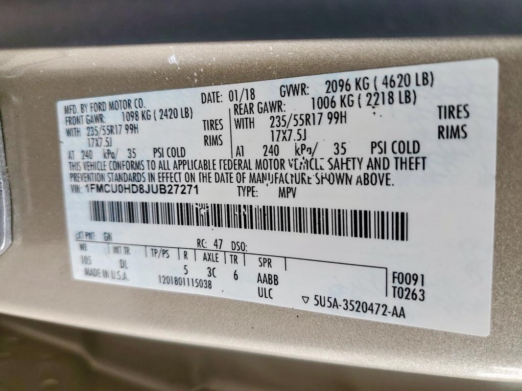 Photo 14 from auction – 2018 FORD ESCAPE SEL with VIN 1FMCU0HD8JUB27271