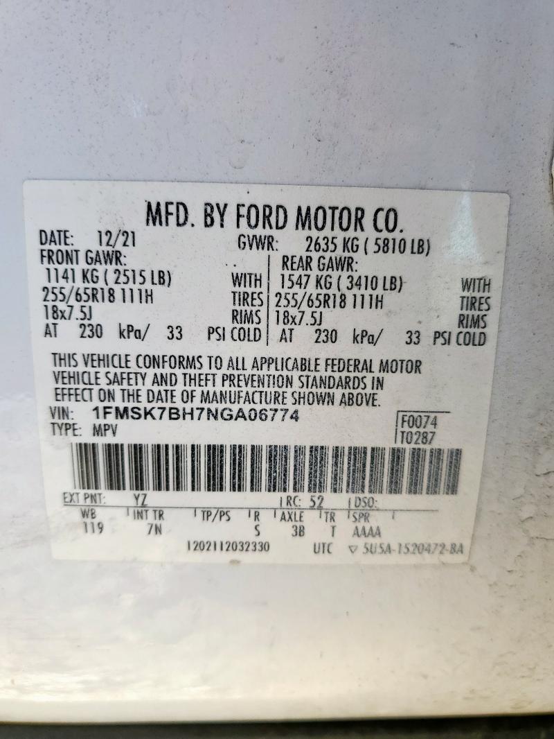 Photo 14 from auction – 2022 FORD EXPLORER with VIN 1FMSK7BH7NGA06774