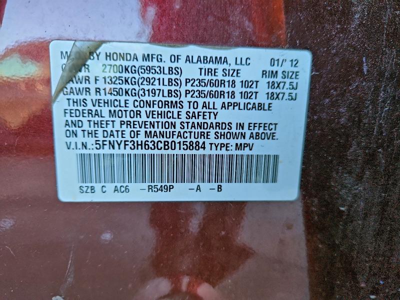 Photo 14 from auction – 2012 HONDA PILOT EXL with VIN 5FNYF3H63CB015884