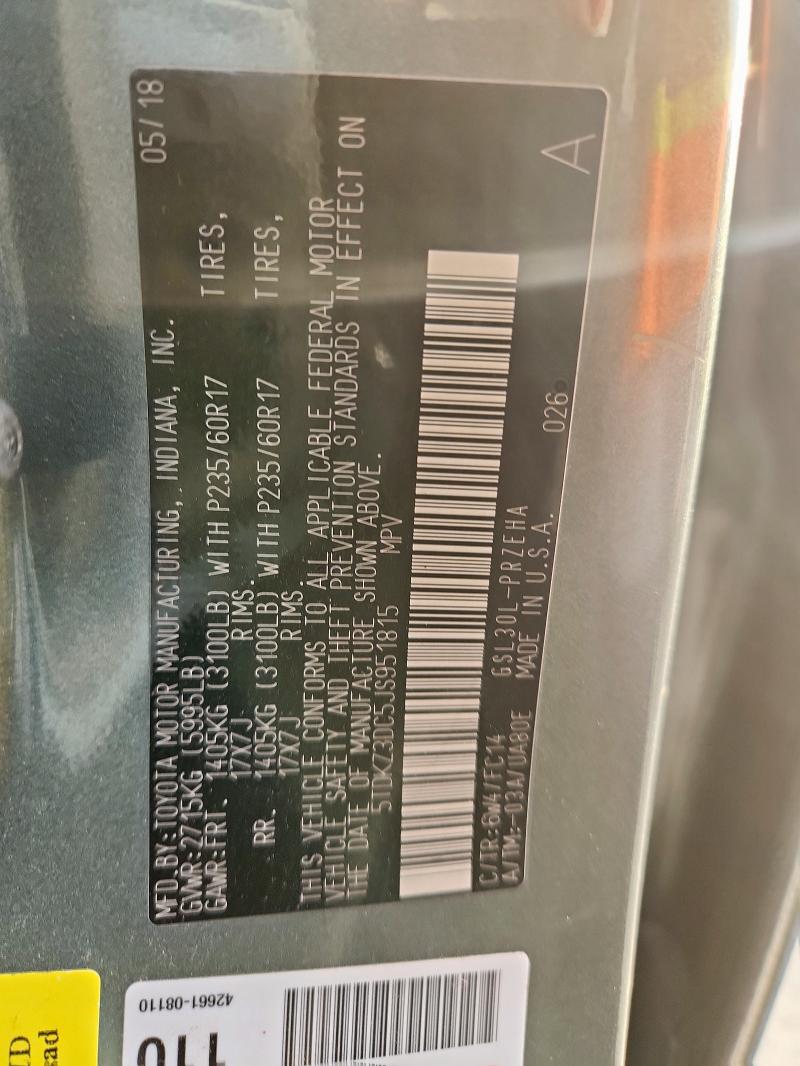 Photo 14 from auction – 2018 TOYOTA SIENNA LE with VIN 5TDKZ3DC5JS951815