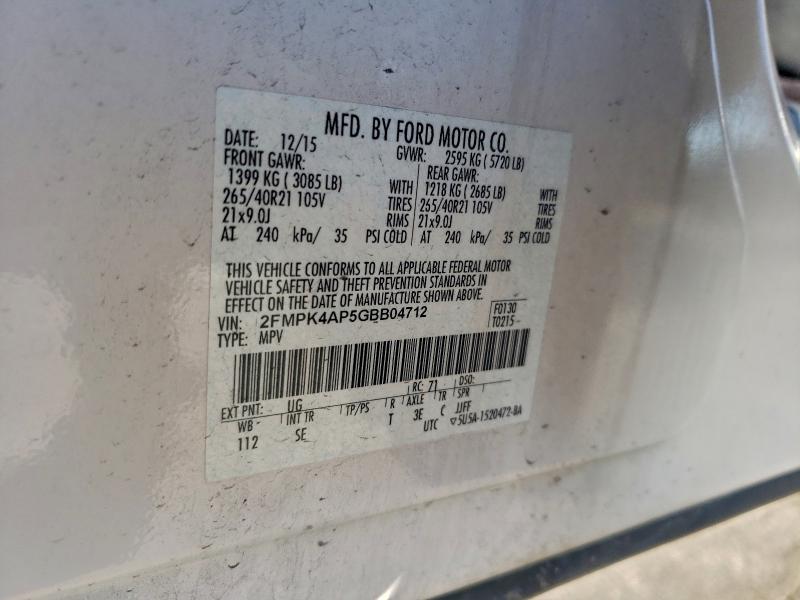 Photo 14 from auction – 2016 FORD EDGE SPORT with VIN 2FMPK4AP5GBB04712
