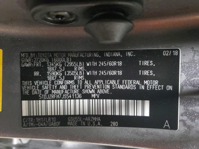 Photo 14 from auction – 2018 TOYOTA HIGHLANDER with VIN 5TDJZRFH7JS541136