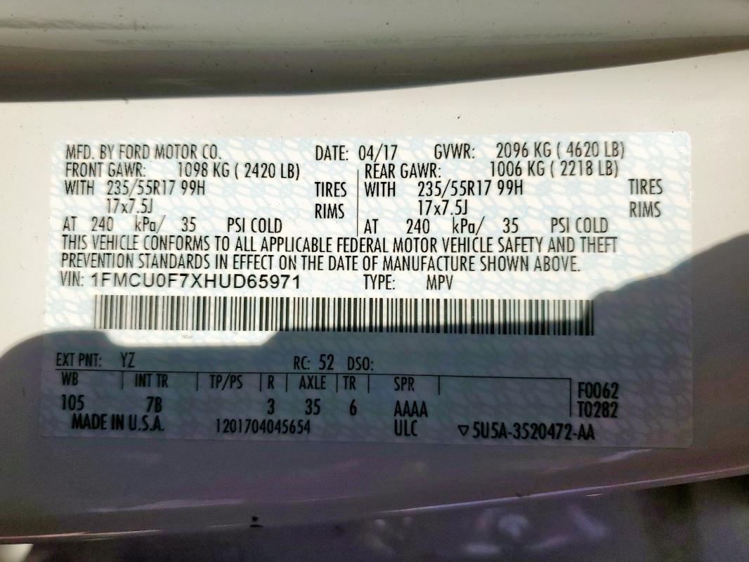 Zdjęcie 14 z aukcji – 2017 FORD ESCAPE S z VIN 1FMCU0F7XHUD65971