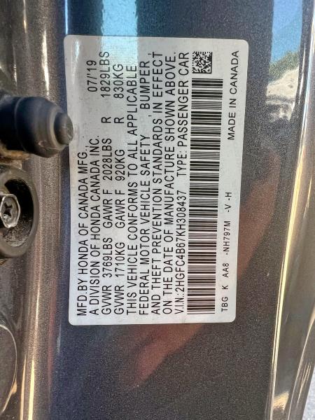 Photo 10 from auction – 2019 HONDA CIVIC LX with VIN 2HGFC4B67KH308437