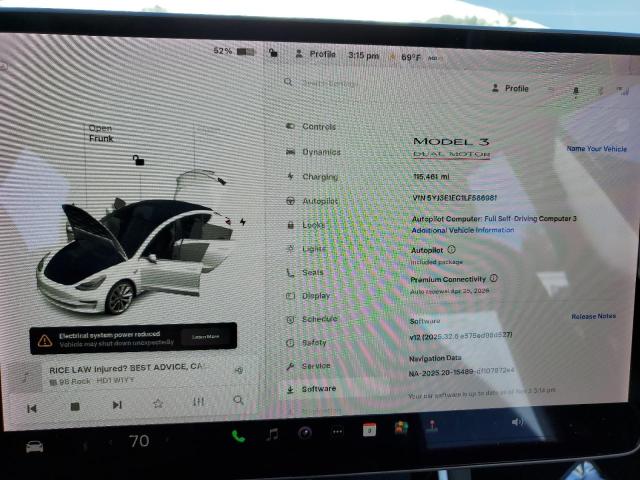 Photo 9 from auction – 2020 TESLA MODEL 3 with VIN 5YJ3E1EC1LF586981