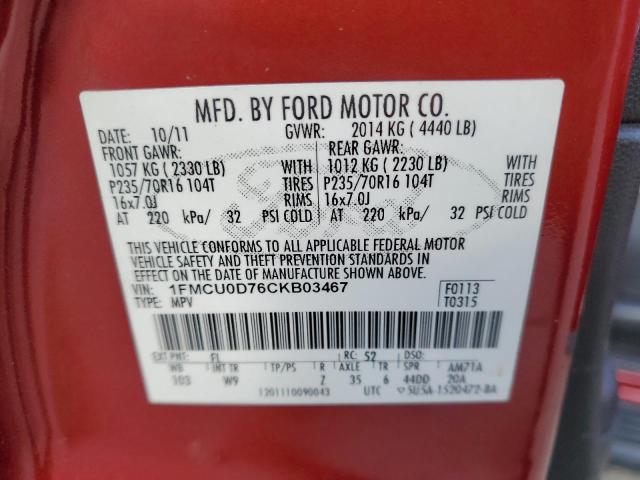 Photo 14 from auction – 2012 FORD ESCAPE XLT with VIN 1FMCU0D76CKB03467