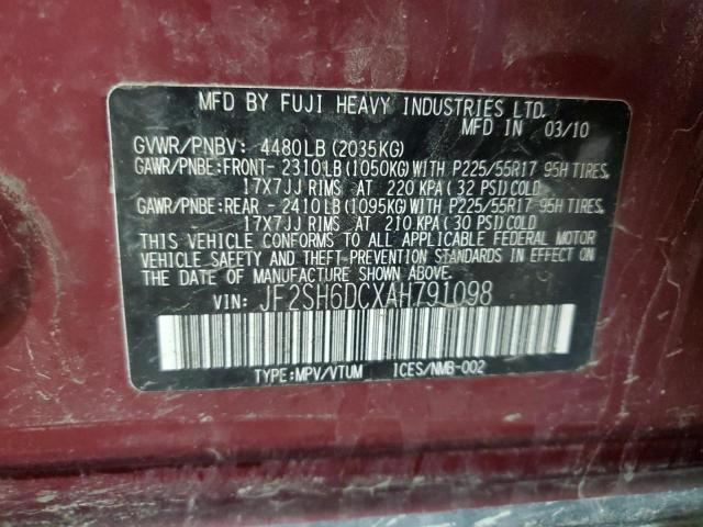 Photo 14 from auction – 2010 SUBARU FORESTER 2 with VIN JF2SH6DCXAH791098