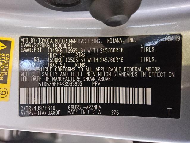 Photo 14 from auction – 2019 TOYOTA HIGHLANDER with VIN 5TDBZRFH4KS995995