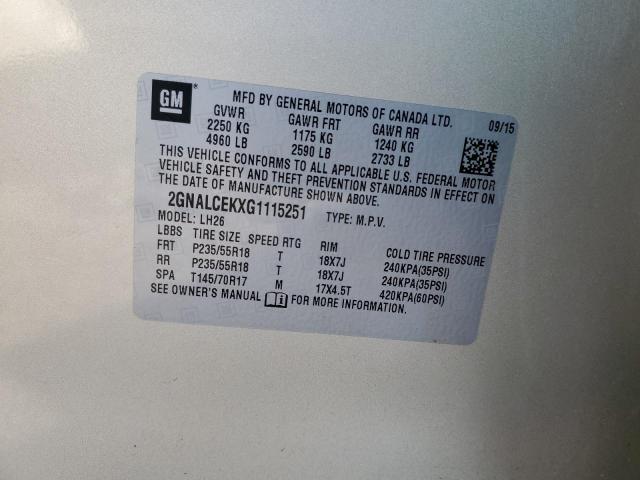 Photo 14 from auction – 2016 CHEVROLET EQUINOX LT with VIN 2GNALCEKXG1115251