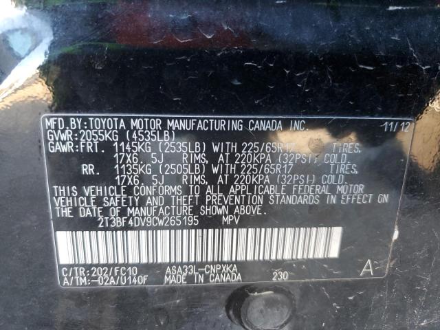Photo 14 from auction – 2012 TOYOTA RAV4 with VIN 2T3BF4DV9CW265195