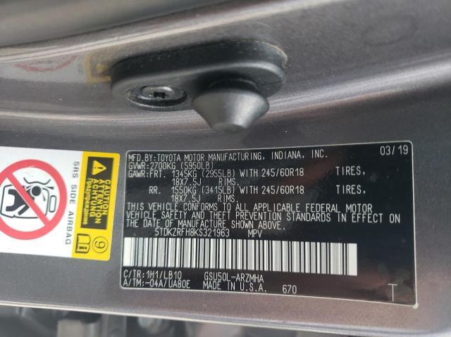 Photo 10 from auction – 2019 TOYOTA HIGHLANDER with VIN 5TDKZRFH8KS321963