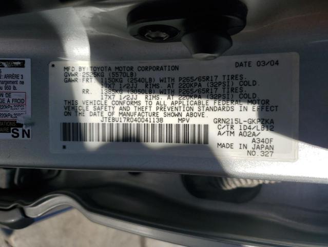 Photo 14 from auction – 2004 TOYOTA 4RUNNER LI with VIN JTEBU17R040041138