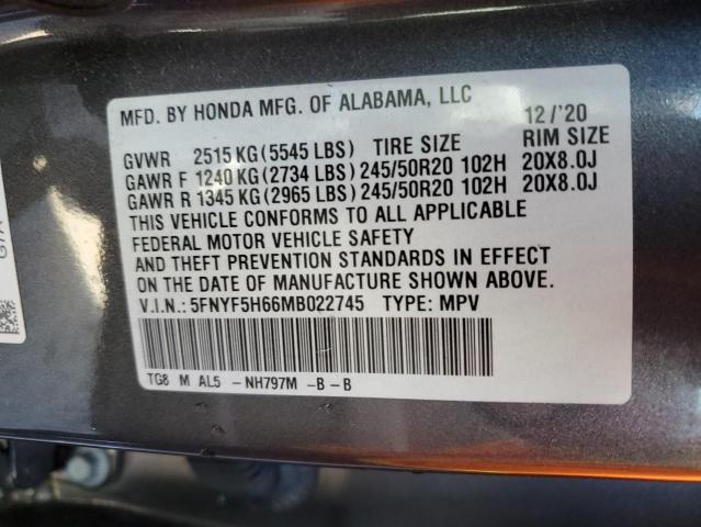 Photo 14 from auction – 2021 HONDA PILOT TOUR with VIN 5FNYF5H66MB022745