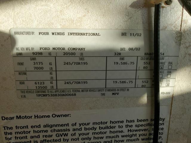 Photo 10 from auction – 2003 FORD F550 SUPER with VIN 1FCNF53S830A00668