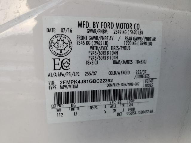 Photo 14 from auction – 2016 FORD EDGE SEL with VIN 2FMPK4J81GBC22362