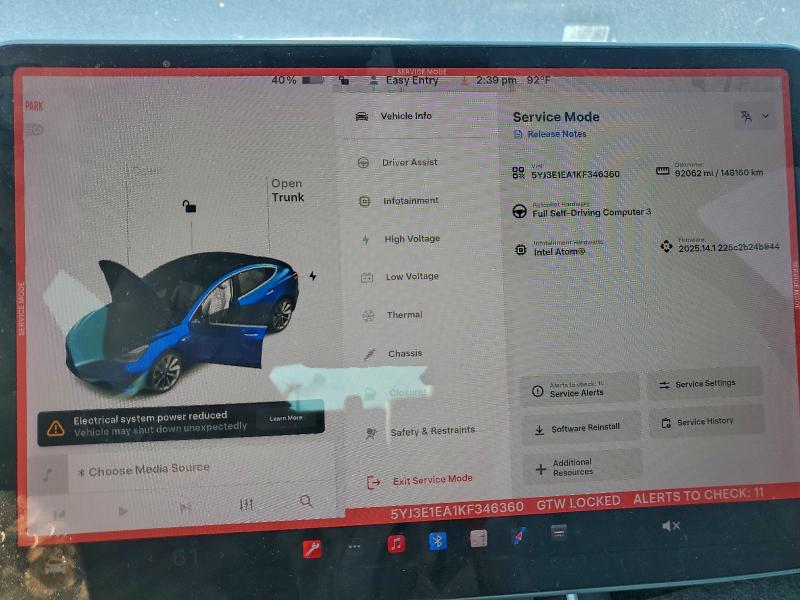 Photo 9 from auction – 2019 TESLA MODEL 3 with VIN 5YJ3E1EA1KF346360