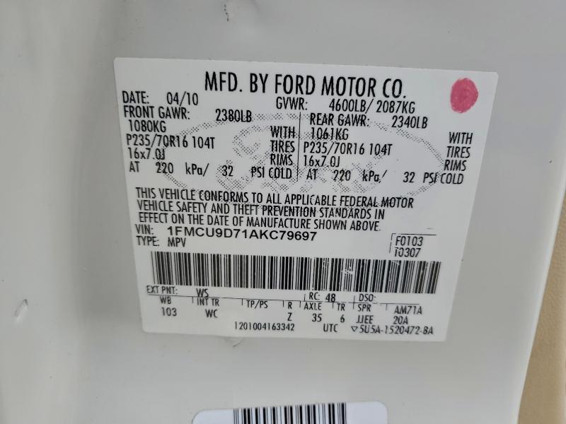 Photo 14 from auction – 2010 FORD ESCAPE XLT with VIN 1FMCU9D71AKC79697