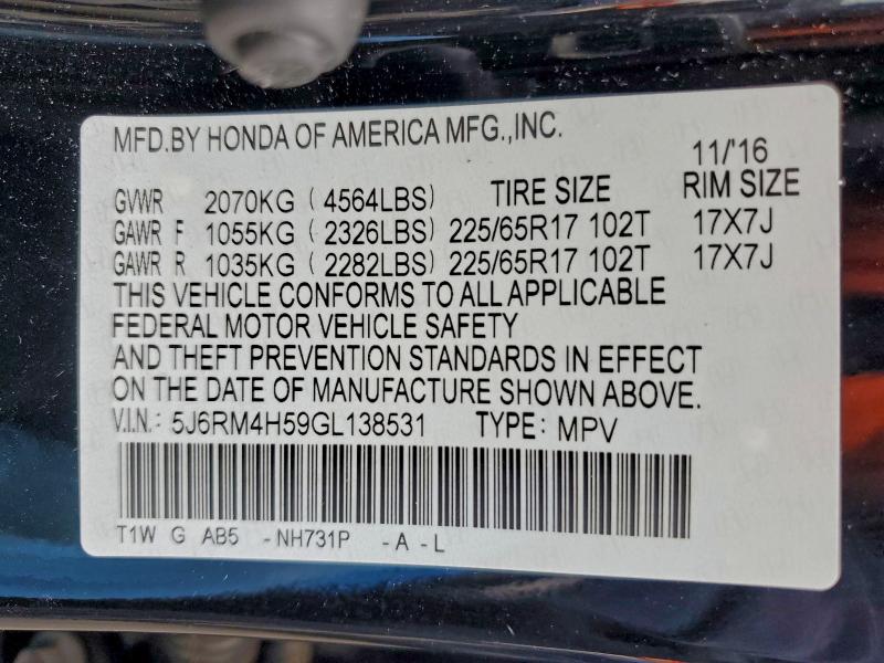 Photo 14 from auction – 2016 HONDA CR-V EX with VIN 5J6RM4H59GL138531