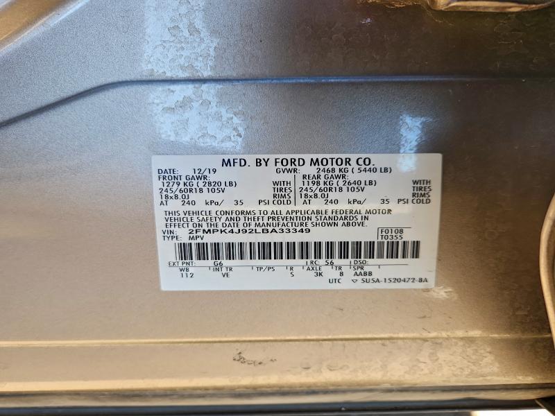 Photo 14 from auction – 2020 FORD EDGE SEL with VIN 2FMPK4J92LBA33349