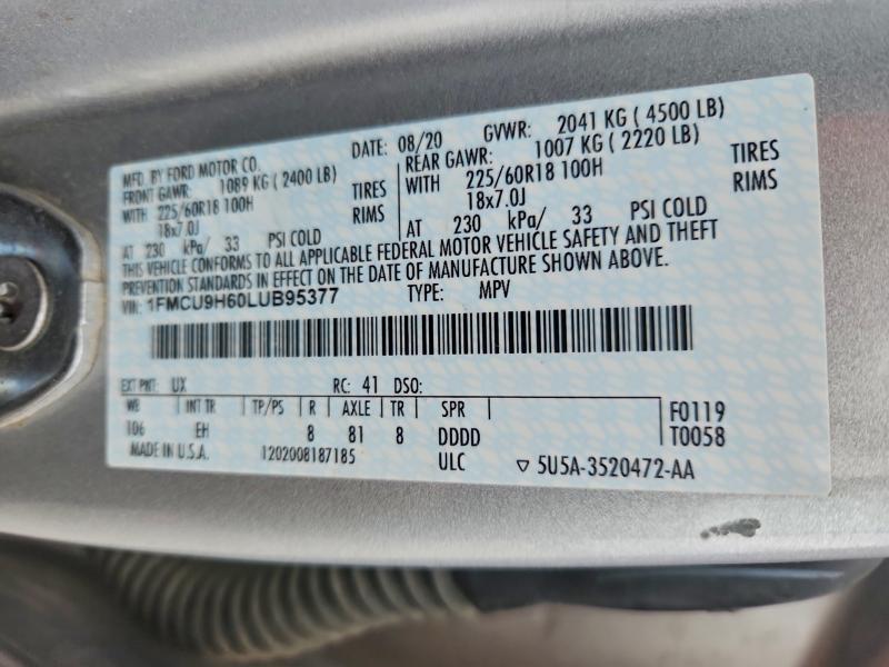 Photo 14 from auction – 2020 FORD ESCAPE SEL with VIN 1FMCU9H60LUB95377