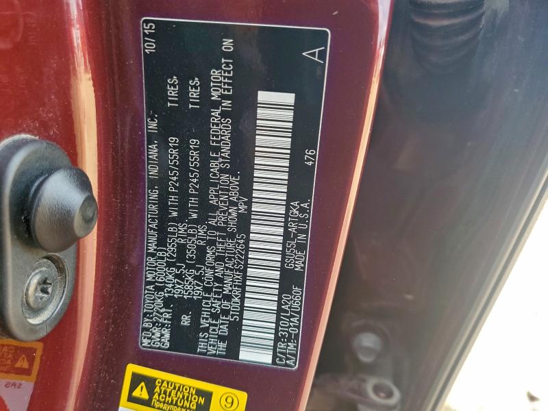 Photo 14 from auction – 2015 TOYOTA HIGHLANDER with VIN 5TDDKRFHXFS222645