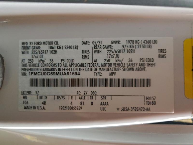Photo 14 from auction – 2021 FORD ESCAPE SE with VIN 1FMCU0G69MUA61594
