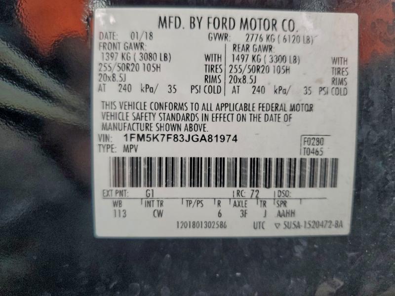 Photo 14 from auction – 2018 FORD EXPLORER with VIN 1FM5K7F83JGA81974