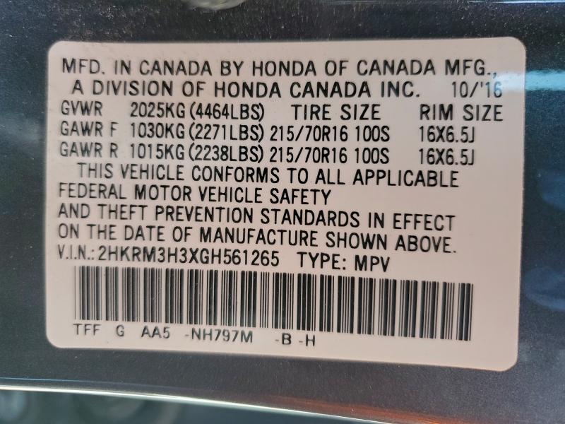Photo 14 from auction – 2016 HONDA CR-V LX with VIN 2HKRM3H3XGH561265